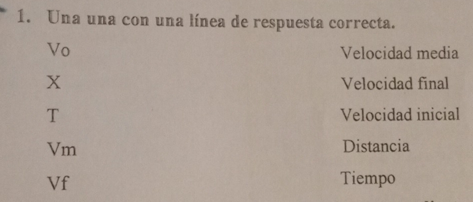 Una una con una línea de respuesta correcta.
Vo Velocidad media
X Velocidad final
T Velocidad inicial
Vm Distancia
Vf Tiempo