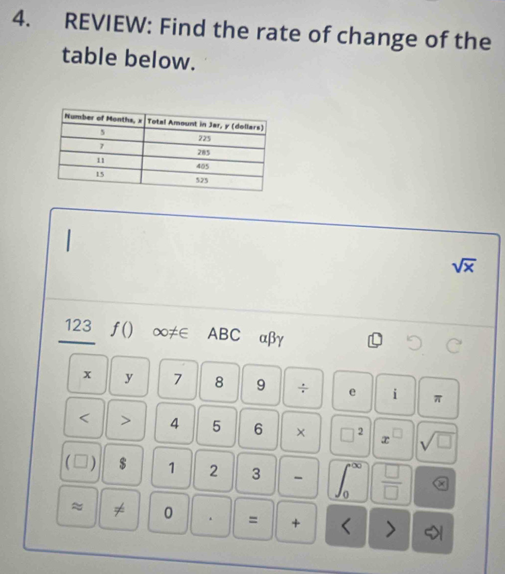 REVIEW: Find the rate of change of the 
table below.
sqrt(x)
123 f() ∞≠∈ ABC αβγ
x y 7 8 9 ÷ e i π < > 4 5 6 × □^2 x^(□) sqrt(□ )
) $ 1 2 3 -
 □ /□   a 
≈ ≠ 0 。 = + 
>