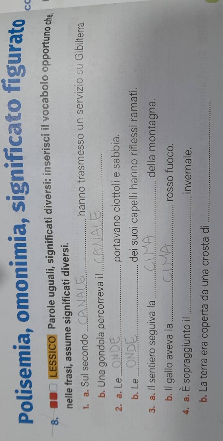 Polisemia, omonimia, significato figurato 
8. ■■□ LESSICO Parole uguali, significati diversi: inserisci il vocabolo opportuno che 
nelle frasi, assume significati diversi. 
1. a. Sul secondo _hanno trasmesso un servizio su Gibilterra. 
b. Una gondola percorreva il_ 
2. a. Le_ portavano ciottoli e sabbia. 
b. Le _dei suoi capelli hanno riflessi ramati. 
3. a. Il sentiero seguiva la _della montagna. 
b. Il gallo aveva la _rosso fuoco. 
4. a. È sopraggiunto il _invernale. 
b. La terra era coperta da una crosta di_