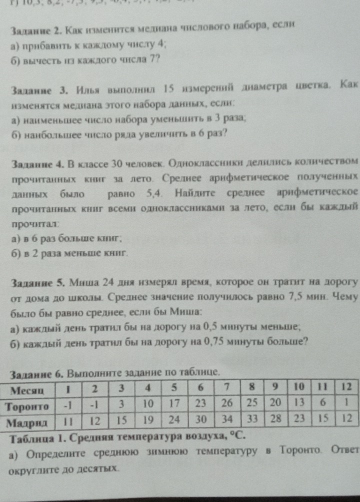 задание 2. Как нзменится мелнана числового набора, если
а) прнбавнть κ κажлому чнслу 4;
б) вычесть из каждого чнсла 7?
Валанне З. Илья вылолннл 15 нзмереннйднаметра иветкаа Как
нзменятся меднана этого набора данных, если:
а) наименьшее чнсло набора уменьшнть в 3 раза;
б) нанбольшее чнсло ряда увелнчнть в б раз?
залдаиие 4. В классе 30 человек. Одноклассники делились колнчеством
прочнтанных книг за лето. Срелнее арнфметическое полученньх
ланных было равно 5,4. Найдηте срелнее арнфметическое
лрочнтанных книг всемн олноклассниками за лето, еслн бы кажлый
прόчнта
а) в 6 раз бльше кииг;
6) в 2 раза меньше книг.
залание 5. Мнша 2α дня нзмерялвремяе которое он траτηт на лорогу
отδдомадо шлколы Срелнее значение лолучнлось равно 7,5 мин. чему
быπо бы равно среднее, еслη бы Миιа:
а) каждыйί день τраτιιлбы на дорогу на θ,5 минуτы меньше;
б) каждый день тратηл бы на дорогу на 0,75 минуты болыие?
задание по таблнце.
Τаблниа 1. Срелияятемнераτура воοзлуха, ^circ C.
а) Опредлелнте среднюоюо зимнюоюо темнературу вΤоронтое Ответ
округлнте до десятых.