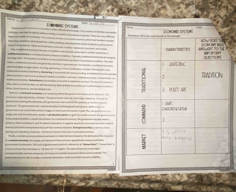Name
Date
ECONOMIC SYSTEMS 
Developing the economy in a country is often difficult and strategic. For a country to develop a successful
oconomy, they must be able to adopt a variety of models and policies to operate. There are many different 
types and models of economies. For a couritry to have a successful economy, they must be able to answer
these basic questions: what should the nation produce, how should the nation produce it, and for whom
should it be produced. There are three basic economic models: traditional, command, and market.
First, a traditional economy focuses on tradition and typically works best in smaller economies. A
traditional economy is a simple economy based on tradition. Typically; traditional economies do not grow
ts a large scale. The decisions of what to produce and how to produce it are based on tradition. The roles
within a traditional economy are generally inherited or generational. For example, a traditional economy
depends largely on agriculture, hunting, gathering, or some combination. Another characteristic of an
traditional economy is bartering. Bartering is essentially the same as trading. A traditional economy decides
what to produce and how to produce it based on tradition and need. Subsistence is also a characteristic of a
traditional econory. Subsistence is to produce only what is needed for survival. This type of economy is
often seen in countries that are still developing. Most of these economies are in undeveloped countries in
Africa, South America, and the Middle East. 
Second, a command economy is an economy where the goverment makes all the decisions. This
economy is typically led by a dictator. The government owns all of the major industries. Through the
government owning the industries, the government also controls the quantity, or number, of goods
produced. The government also controls the prices of these goods and services. Additionally, the
government can control the workers' wages, or how much the worker is paid. Plus, the government can
assign jobs and set production quotas. A production quota is a goal of a certain amount of a good or service
to be produced within a certain time frame. In a command economy, the government decides what to
produce, how to produce it, and for whom to produce. A negative aspect of a command economy is that it
restricts and limits entrepreneurship and free market enterprise. Entrepreneurship is a private citizen
starting and operating a business. The former Soviet Union was a command economy
Finally, a market economy allows businesses to make decisions based on the demands of the consumer
in a market economy, the supply and demand of the econamy regulates the economy with little
government involvement. This lack of government control is referred to as “laissez-faire”. "Laissez-faire" is
a French phrase that translates to "et them do" in English. This type of economy encourages
entrepreneurship and free enterprise. One issue in a market economy is that it can be unstable. The
businesses must be able to predict consumer demands in order to provide economic stability.