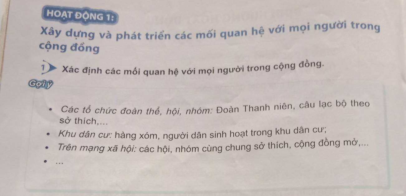 HOẠT ĐỌNG 1: 
Xây dựng và phát triển các mối quan hệ với mọi người trong 
cộng đồng 
1 Xác định các mối quan hệ với mọi người trong cộng đồng. 
50 
Các tổ chức đoàn thể, hội, nhóm: Đoàn Thanh niên, câu lạc bộ theo 
sở thích,... 
Khu dân cư: hàng xóm, người dân sinh hoạt trong khu dân cư; 
Trên mạng xã hội: các hội, nhóm cùng chung sở thích, cộng đồng mở,... 
_