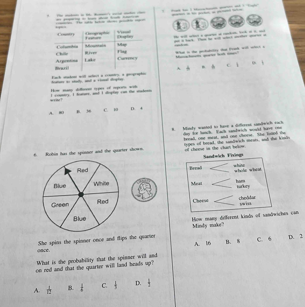 The atudents in Mc. Rumen's sit andies ches 7 Frali has 2 Mnactetts quaeties aet k: 
cmntrles. The rtle lelow shows gosslile asper pnaes tn te pincten as picmeent beton
are preparing to leare abow South Americm
He will sellect a quartze at rndom, look at it, and
gut it back. Then he will select another quatter at

What is the probability that Frank will select a
Masochusetts quartee both times?
 2/23  B.  4/13  C.  1/2  D.  1/2 
Each student will select a country, a geographic
feature to study, and a visual display.
How many different types of reports with
I country, I feature, and I display can the students
write ?
A. 80 B. 36 C. 10 D. 4
8. Mindy wanted to have a different sandwich each
day for lunch. Each sandwich would have one
bread, one meat, and one cheese. She listed the
6. Robin has the spinner and the quarter shown. types of bread, the sandwich meats, and the kinds
of cheese in the chart below.


How many different kinds of saches can
Mindy make?
She spins the spinner once and flips the quarter
D. 2
A. 16
once. B. 8 C. 6
What is the probability that the spinner will and
on red and that the quarter will land heads up?
A.  1/12  B.  1/6  C.  1/3  D.  1/2 