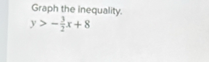 Graph the inequality.
y>- 3/2 x+8