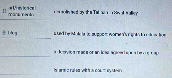 art/historical
monuments demolished by the Taliban in Swat Valley
! blog used by Malala to support women's rights to education
a decision made or an idea agreed upon by a group
Islamic rules with a court system