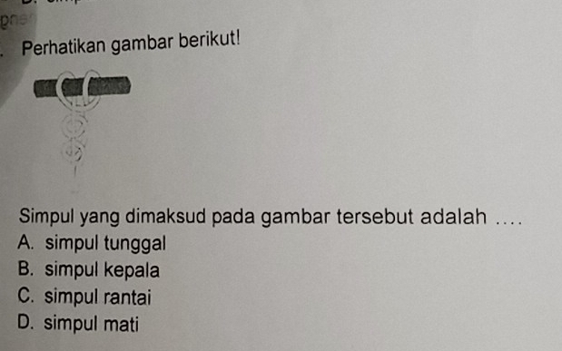 a
Perhatikan gambar berikut!
Simpul yang dimaksud pada gambar tersebut adalah ..
A. simpul tunggal
B. simpul kepala
C. simpul rantai
D. simpul mati