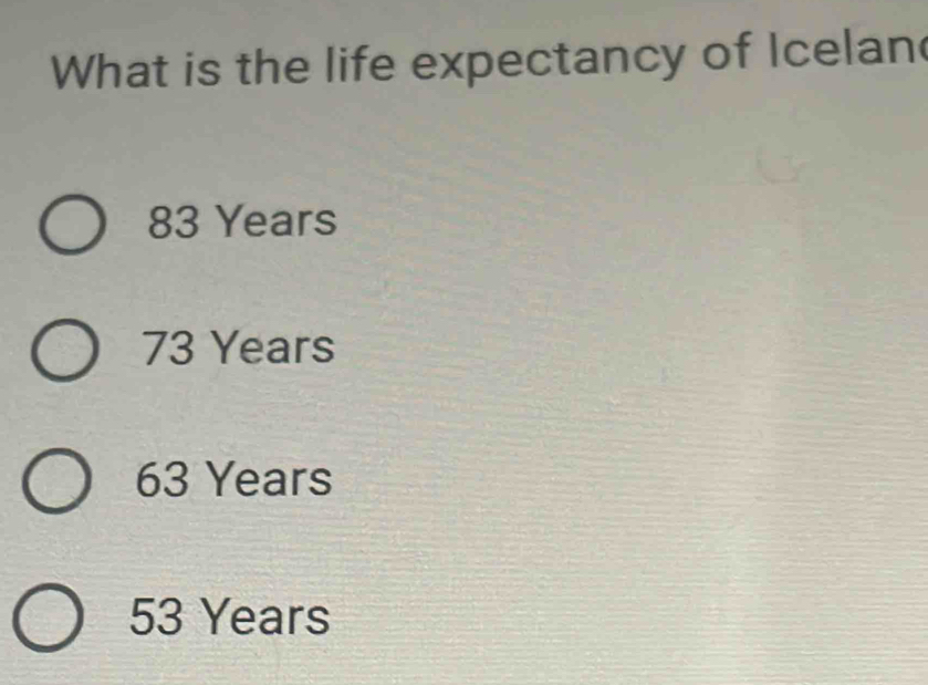 What is the life expectancy of Icelan
83 Years
73 Years
63 Years
53 Years