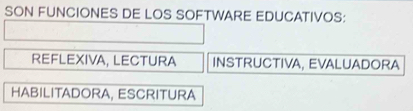 SON FUNCIONES DE LOS SOFTWARE EDUCATIVOS:
REFLEXIVA, LECTURA INSTRUCTIVA, EVALUADORA
HABILITADORA, ESCRITURA