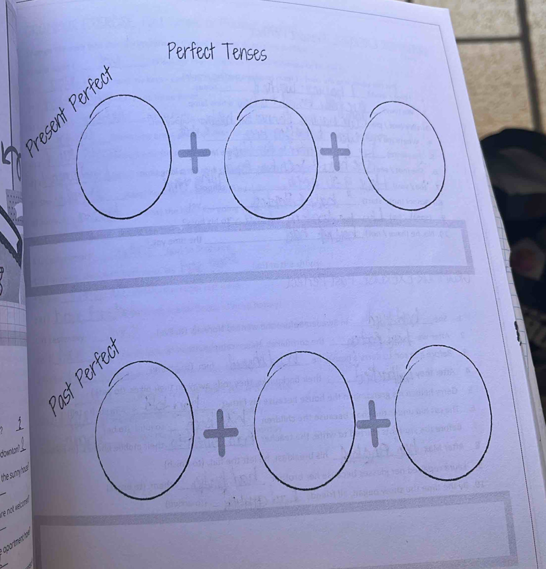 Perfect Tenses 
resent erfe 
downton?__ 
the sunyhos. 
_ 
re not welcaored . 
_ 
aportment hale. 
_