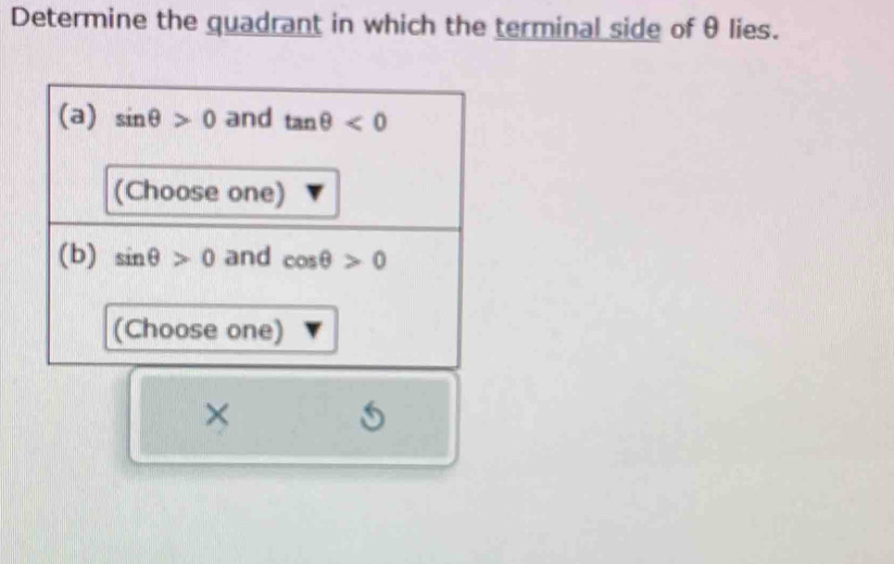 Determine the quadrant in which the terminal side of θ lies.