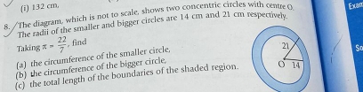 (i) 132 cm,
8. / The diagram, which is not to scale, shows two concentric circles with centre ( Exan
The radit of the smaller and bigger circles are 14 cm and 21 cm respectively.
Taking π = 22/7  , find
(a) the circumference of the smaller circle,
So
(b) the circumference of the bigger circle,
(c) the total length of the boundaries of the shaded region.