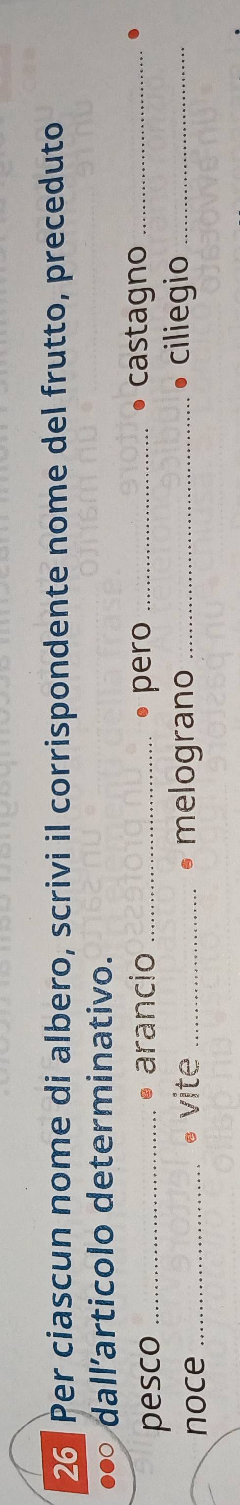 Per ciascun nome di albero, scrivi il corrispondente nome del frutto, preceduto 
dall’articolo determinativo. 
castagno 
pesco _• arancio _pero __. 
noce_ 
vite _melograno _• ciliegio_