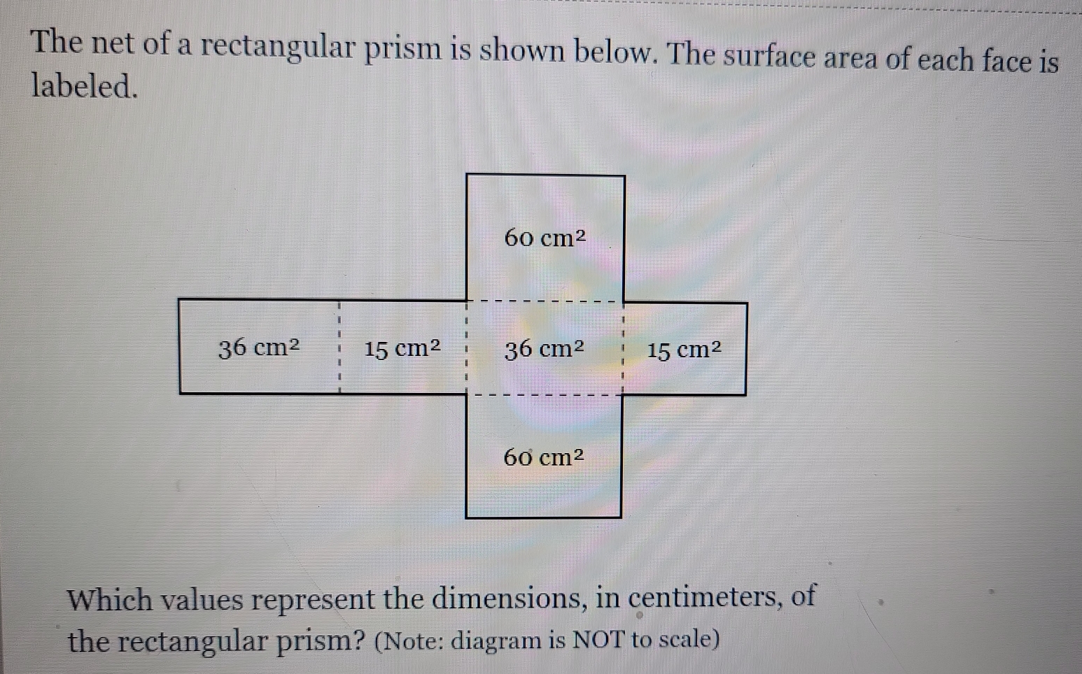 The net of a rectangular prism is shown below. The surface area of each face is
labeled.
Which values represent the dimensions, in centimeters, of
the rectangular prism? (Note: diagram is NOT to scale)