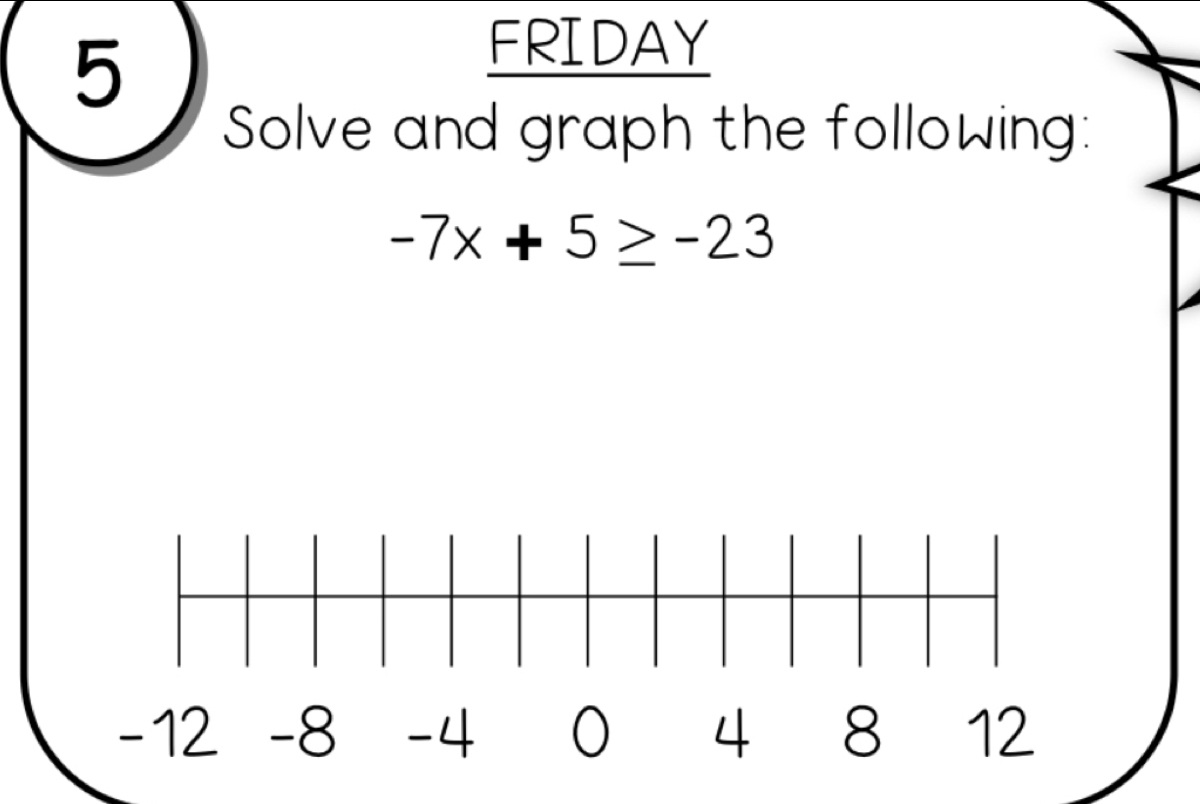 FRIDAY 
Solve and graph the following:
-7x+5≥ -23