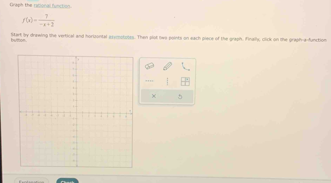 Graph the rational function.
f(x)= 7/-x+2 
Start by drawing the vertical and horizontal asymptotes. Then plot two points on each piece of the graph. Finally, click on the graph-a-function 
button. 
… 
× 
Explanation