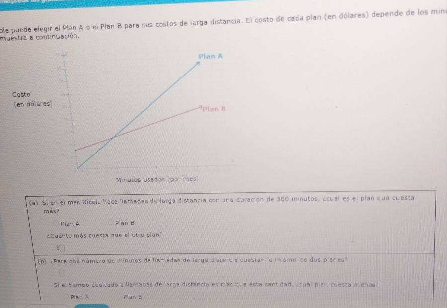 ole puede elegir el Plan A o el Plan B para sus costos de larga distancia. El costo de cada plan (en dólares) depende de los mino
muestra a continuación.
Costo
(en dólar
(a) Si en el mes Nicole hace llamadas de larga distancia con una duración de 300 minutos, ¿cuál es el plan que cuesta
más?
Plan A Pian B
¿Cuanto más cuesta que el otro plan?
(b) ¿Para qué número de minutos de llamadas de larga distancia cuestan lo mismo los dos planes
Si el tiempo dedicado a llamadas de larga distancia es más que esta cantidad, ¿cuál plan cuesta menos?
Plan A Plan B