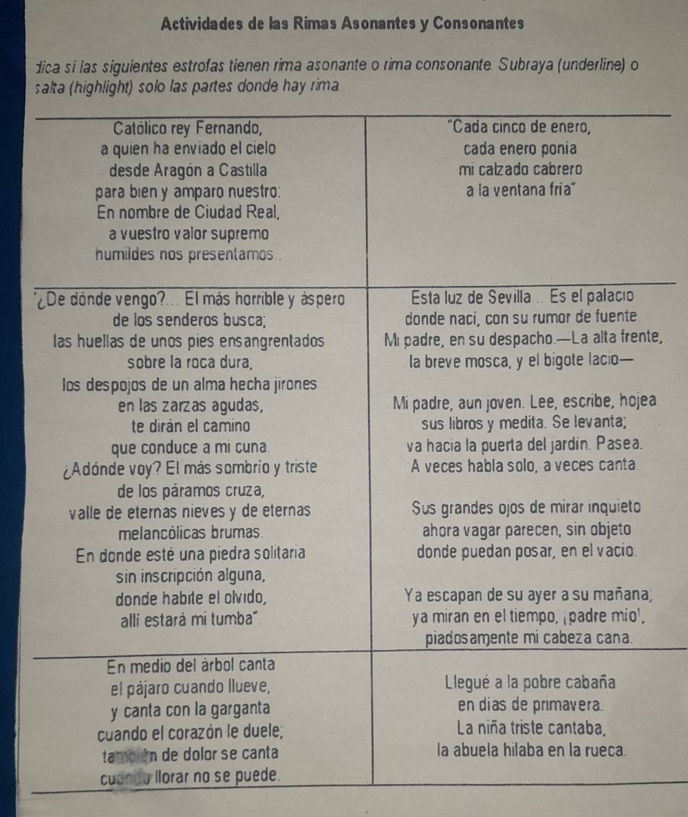 Resuelto:Actividades de las Rimas Asonantes y Consonantes dica si las ...