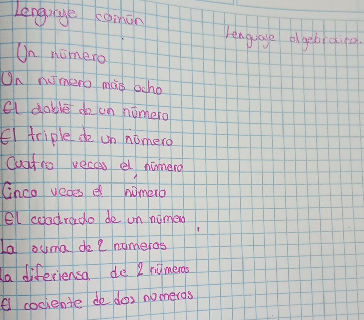 Lengoage comon 
kenguage e gebdico 
Un nomero 
On numero mao ocho 
(l doble do un nomero 
El triple deo on nomero 
Coof ca vecas el nimerg 
(nco vedes e nimero 
el coadrado de un nomen 
La ouma deo e nomeros 
a diferiensa de 2 nimeras 
f cociente de dos nomeros