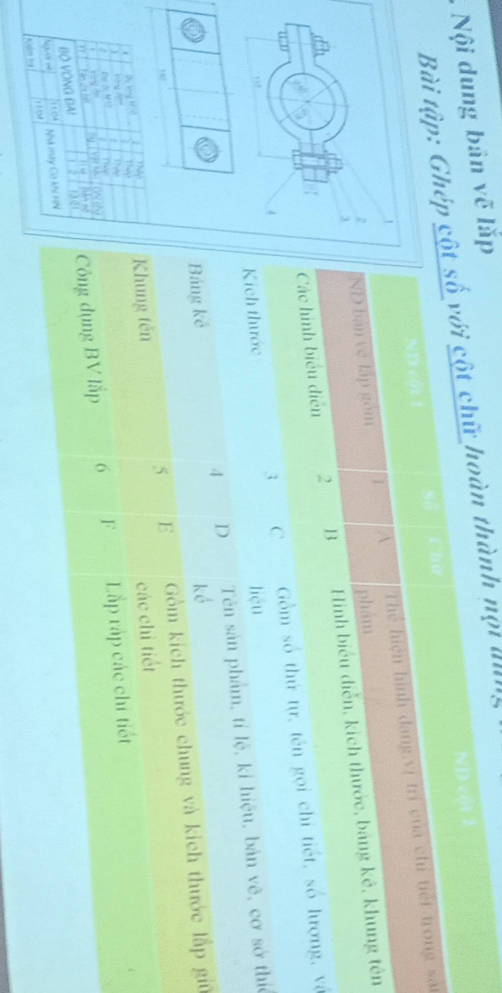 Nội dung bản vẽ lắp
Bài tập: Ghép cột số với cột chữ hoàn thành nột au'
Chú
A Thể hiện hình dang,vị trì của chi tiết trong sảt
ND ban ve lập gồm phám
Các hình biểu diễn 2 B Hình biểu diễn, kích thước, bảng kẻ, khung tên
3 C Gồm số thứ tự, tên gọi chỉ tiết, số lượng, vậ
ích thước liệu
4 D Tên sản phẩm, tỉ lệ, kí hiệu, bản vẽ, cơ sở thiế
Bảng kế ké
Hể
5 E Gồm kích thước chung và kích thước lắp giú
Thep
(hy bóng k -0 C Yhas .
Khung tên
kòng d các chỉ tiết
6 F Lắp rắp các chỉ tiết
hóng đ''''
P Thee
I ! en ts hot Bàn pó Công dụng BV lắp

BỒ VÔNG ĐAI 1 2 fàēi
Người vệ
N c os
Nhà máy Cơ khí HN