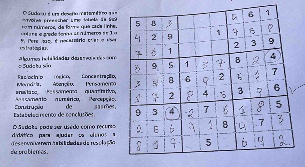 Sudoku é um desafio matemático que 
envolve preencher uma tabela de 9x9
com números, de forma que cada linha, 
coluna e grade tenha os números de 1 a 
9. Para isso, é necessário criar e usar 
estratégias. 
Algumas habilidades desenvolvidas com 
o Sudoku são: 
Raciocínio lógico, Concentração, 
Memória, Atenção, Pensamento 
analítico, Pensamento quantitativo, 
Pensamento numérico, Percepção, 
Construção de padrões, 
Estabelecimento de conclusões. 
O Sudoku pode ser usado como recurso 
didático para ajudar os alunos a 
desenvolverem habilidades de resolução 
de problemas.