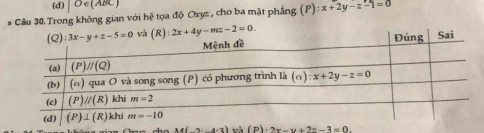 (d) O∈ (ABC)
# Câu 30. Trong không gian với hệ tọa độ Oxyz , cho ba mặt phẳng (P) : x+2y-z-1=0
M(_ 2· _ 4· 3) và (P): 2x-y+2z-3=0.