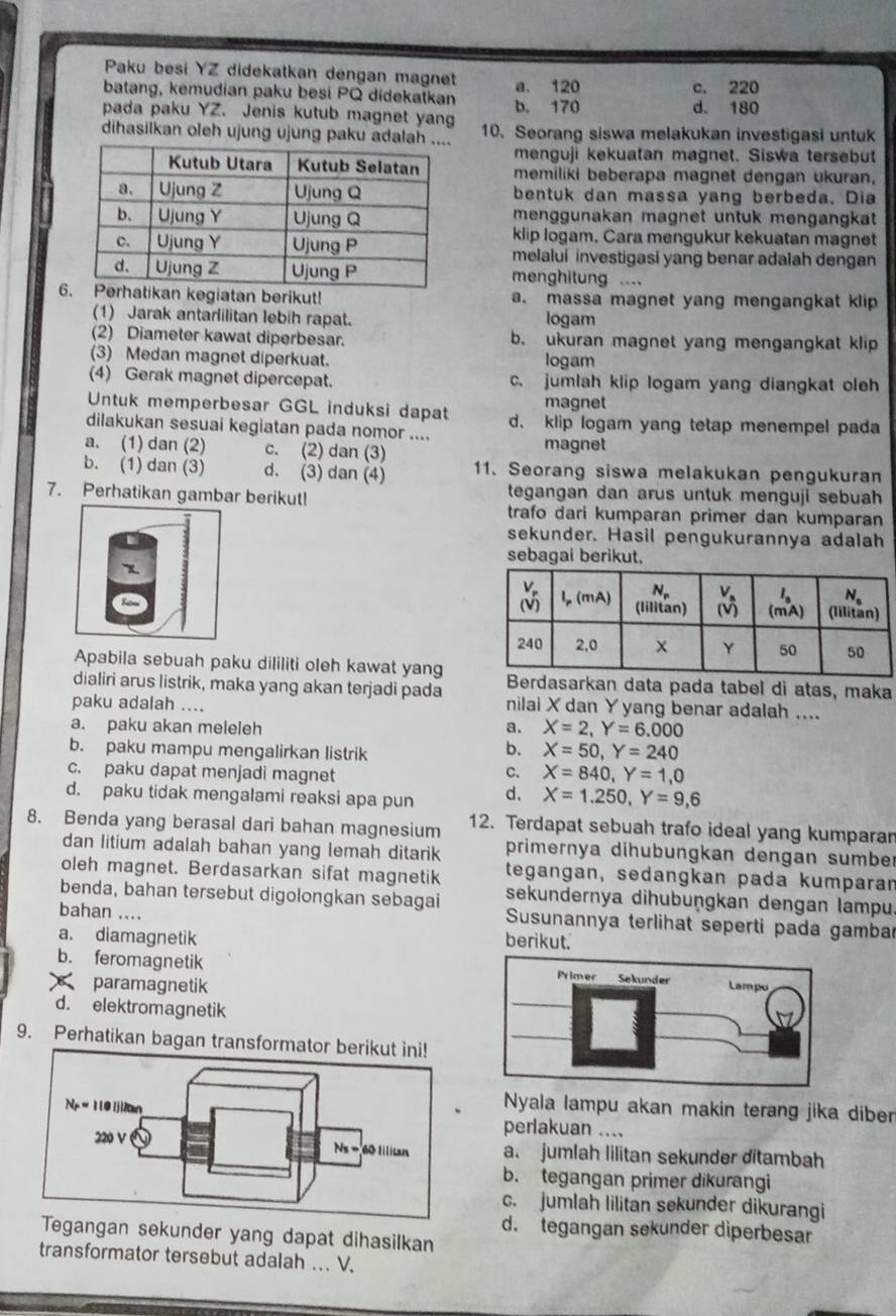 Paku besi YZ didekatkan dengan magnet
batang, kemudian paku besi PQ didekatkan a. 120 c. 220
pada paku YZ. Jenis kutub magnet yang b. 170 d. 180
dihasilkan oleh ujung ujung paku adalah 10. Seorang siswa melakukan investigasi untuk
menguji kekuatan magnet. Siswa tersebut
memiliki beberapa magnet dengan ukuran.
bentuk dan massa yang berbeda. Dia
menggunakan magnet untuk mengangkat 
klip logam. Cara mengukur kekuatan magnet
melalui investigasi yang benar adalah dengan
menghitung ....
6tan berikut! a. massa magnet yang mengangkat klip
(1) Jarak antarlilitan lebih rapat. logam
(2) Diameter kawat diperbesar. b. ukuran magnet yang mengangkat klip
(3) Medan magnet diperkuat. logam
(4) Gerak magnet dipercepat. c. jumlah klip logam yang diangkat oleh
magnet
Untuk memperbesar GGL induksi dapat d. klip logam yang tetap menempel pada
dilakukan sesuai kegiatan pada nomor ....
a. (1) dan (2) c. (2) dan (3) magnet
b. (1) dan (3) d. (3) dan (4) 11. Seorang siswa melakukan pengukuran
7. Perhatikan gambar berikut! tegangan dan arus untuk menguji sebuah
trafo dari kumparan primer dan kumparan
sekunder. Hasil pengukurannya adalah
sebagai berikut.
Apabila sebuah paku dililiti oleh kawat yang
dialiri arus listrik, maka yang akan terjadi pada dasarkan data pada tabel di atas, maka
paku adalah ....
nilai X dan Y yang benar adalah ....
a. paku akan meleleh
a. X=2,Y=6.000
b. paku mampu mengalirkan listrik
b. X=50,Y=240
c. paku dapat menjadi magnet
C. X=840,Y=1,0
d. paku tidak mengalami reaksi apa pun d. X=1.250,Y=9,6
8. Benda yang berasal dari bahan magnesium 12. Terdapat sebuah trafo ideal yang kumparan
dan litium adalah bahan yang lemah ditarik primernya dihubungkan dengan sumber
oleh magnet. Berdasarkan sifat magnetik tegangan, sedangkan pada kumparan
benda, bahan tersebut digolongkan sebagai sekundernya dihubuṇgkan dengan lampu.
bahan ....
Susunannya terlihat seperti pada gambar
a. diamagnetik berikut.
b. feromagnetik 
paramagnetik
d. elektromagnetik
9. Perhatikan bagan transformator 
Nyala lampu akan makin terang jika diber
perlakuan ....
a. jumlah lilitan sekunder ditambah
b. tegangan primer dikurangi
c. jumlah lilitan sekunder dikurangi
d. tegangan sekunder diperbesar
Tegangan sekunder yang dapat dihasilkan
transformator tersebut adalah ... V.