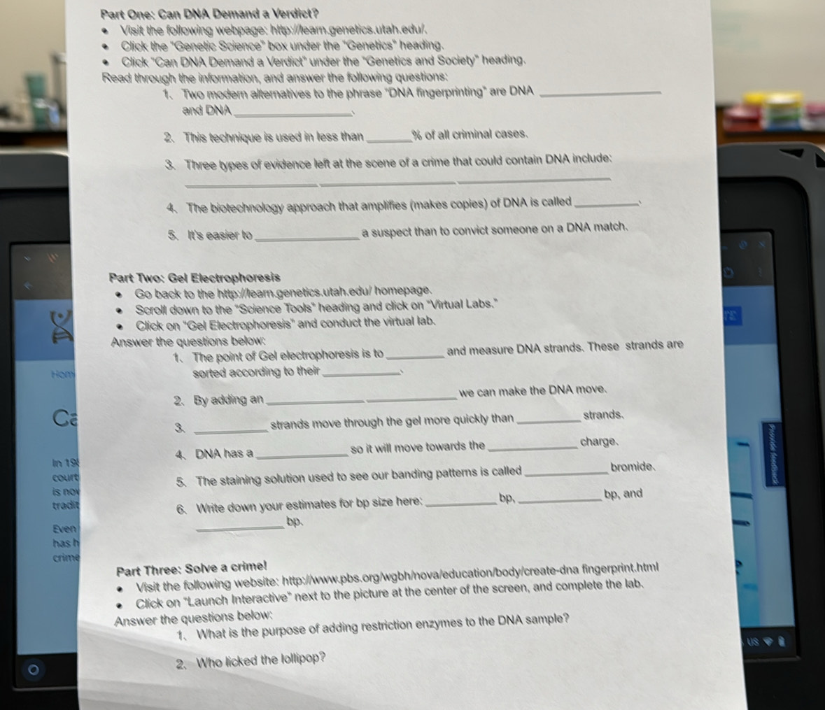 Part One: Can DNA Demand a Verdict? 
Visit the following webpage: http://learn.genetics.utah.edu/. 
Click the "Genetic Science" box under the "Genetics" heading. 
Click "Can DNA Demand a Verdict" under the "Genetics and Society" heading. 
Read through the information, and answer the following questions: 
1. Two modern alternatives to the phrase "DNA fingerprinting" are DNA_ 
and DNA_ 
、 
2. This technique is used in less than _ % of all criminal cases. 
_ 
3. Three types of evidence left at the scene of a crime that could contain DNA include: 
4. The biotechnology approach that amplifies (makes copies) of DNA is called_ ` 
5. It's easier to_ a suspect than to convict someone on a DNA match. 
Part Two: Gel Electrophoresis 
D 
Go back to the http:/learn.genetics.utah.edu/ homepage. 
Scroll down to the “Science Tools” heading and click on "Virtual Labs.” 
Click on 'Gel Electrophoresis' and conduct the virtual lab. E 
Answer the questions below: 
1. The point of Gel electrophoresis is to_ and measure DNA strands. These strands are 
Hom sorted according to their _` 
2. By adding an_ we can make the DNA move. 
C 
3. _strands move through the gel more quickly than _strands. 
n 19 4. DNA has a _so it will move towards the_ 
charge. - 
bromide. 
court 
is no w 5. The staining solution used to see our banding patterns is called_ 
tradit __bp, and 
6. Write down your estimates for bp size here; bp 
Even 
_bp. 
has h 
crime 
Part Three: Solve a crime! 
Visit the following website: http://www.pbs.org/wgbh/nova/education/body/create-dna fingerprint.html 
Click on 'Launch Interactive" next to the picture at the center of the screen, and complete the lab. 
Answer the questions below: 
1. What is the purpose of adding restriction enzymes to the DNA sample? 
us 
2. Who licked the Iollipop?