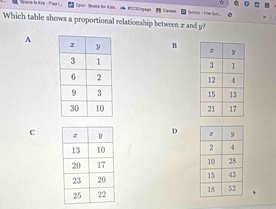 Space Is Key - Play i... Epicl - Books for Kids #CCSEngage Classes Quizizz - Free Quiz... 
» 
Which table shows a proportional relationship between x and y? 
A 
B 

C 
D