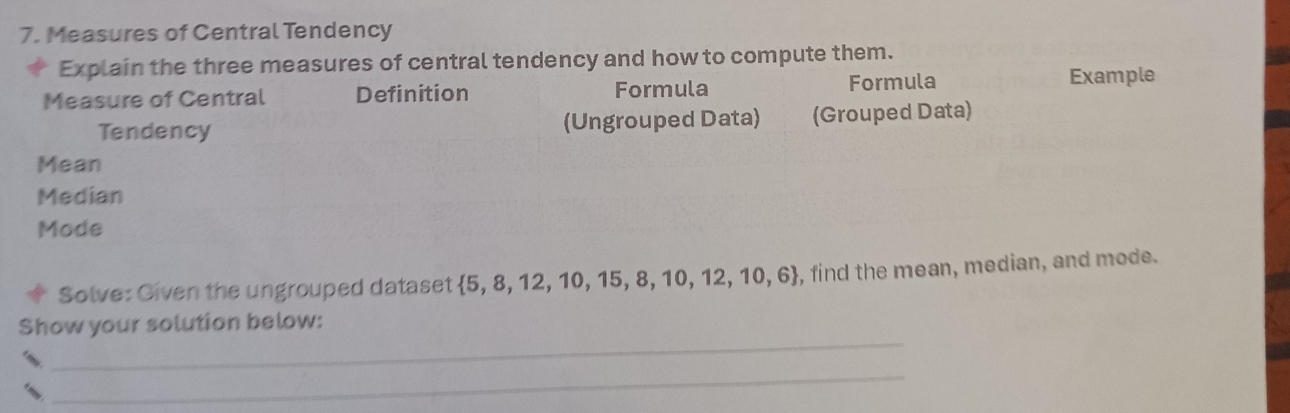 Measures of Central Tendency 
Explain the three measures of central tendency and how to compute them. 
Measure of Central Definition Formula Formula Example 
Tendency (Ungrouped Data) (Grouped Data) 
Mean 
Median 
Mode 
Solve: Given the ungrouped dataset  5,8,12,10,15,8,10,12,10,6 , find the mean, median, and mode. 
_ 
Show your solution below: 
_