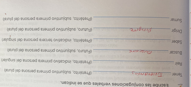 Escribe las conjugaciones verbales que se indican. 
Tener _(Pretérito, subjuntivo primera persona del plural) 
Reír _(Pretérito, indicativo primera persona del singular) 
Buscar_ (Futuro, subjuntivo primera persona del plural) 
Saber _(Pretérito, indicativo tercera persona del singular) 
Dirigir _(Futuro, subjuntivo primera persona del plural) 
Sumar 
_(Pretérito, subjuntivo primera persona del plural)