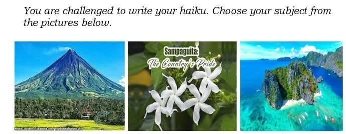 You are challenged to write your haiku. Choose your subject from 
the pictures below.