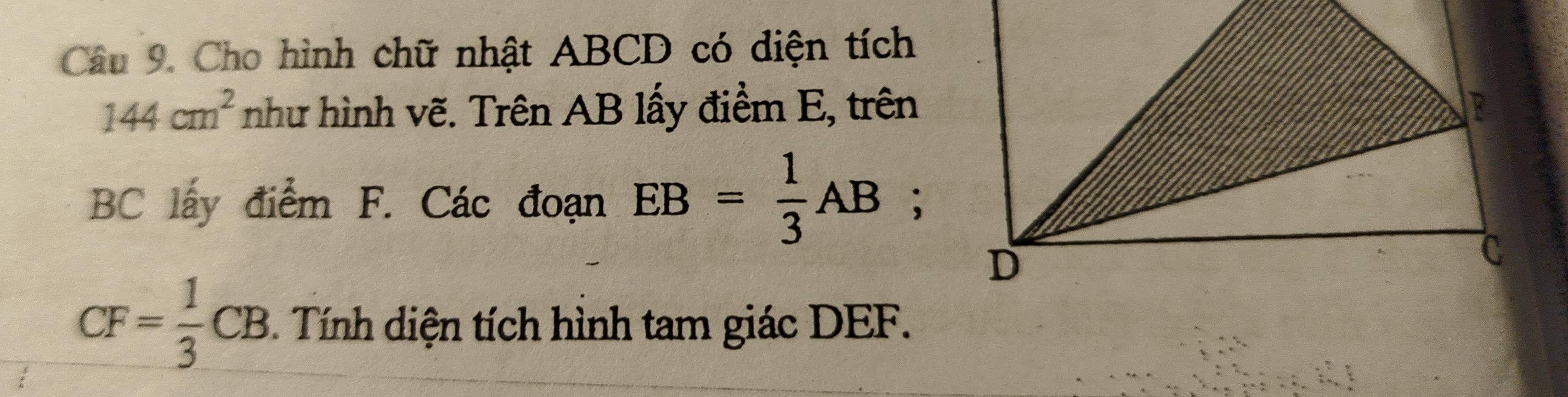 Cho hình chữ nhật ABCD có diện tích
144cm^2 như hình vẽ. Trên AB lấy điểm E, trên
BC lấy điểm F. Các đoạn EB= 1/3 AB;
CF= 1/3 CB Tính diện tích hình tam giác DEF.