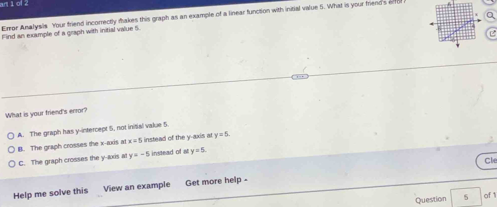 art 1 of 2
χ
Error Analysis Your friend incorrectly makes this graph as an example of a linear function with initial value 5. What is your friend's error
Find an example of a graph with initial value 5.
B
What is your friend's error?
A. The graph has y-intercept 5, not initial value 5.
B. The graph crosses the x-axis at x=5 instead of the y-axis at y=5.
C. The graph crosses the y-axis at y=-5 instead of at y=5. 
Cle
Help me solve this View an example Get more help
Question 5 of 1