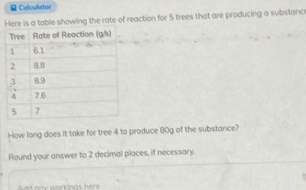 Colculator 
e is a table showing the rate of reaction for 5 trees that are producing a substanc 
How long does it take for tree 4 to produce 80g of the substance? 
Round your answer to 2 decimal places, if necessary. 
Add any workinas here