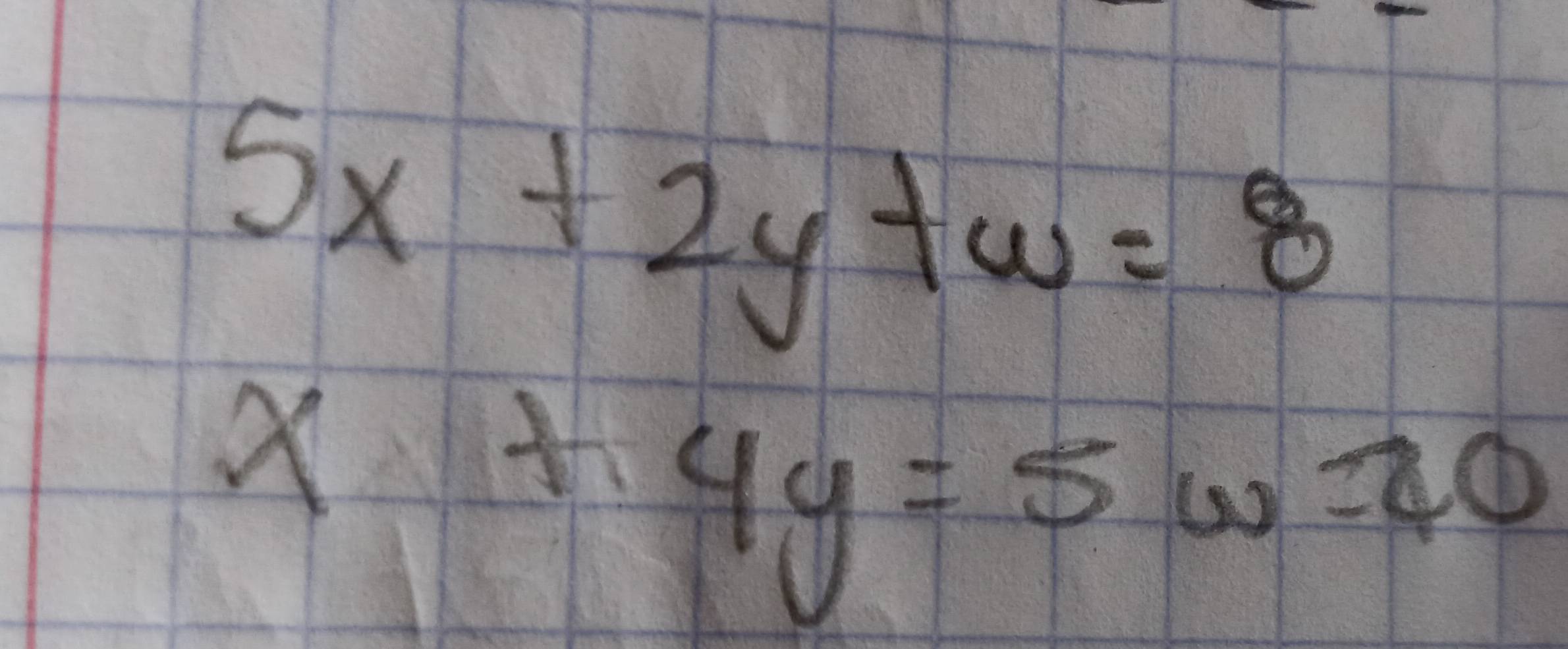 beginarrayr 5x+2y+w=8 x+4y=5w-20endarray