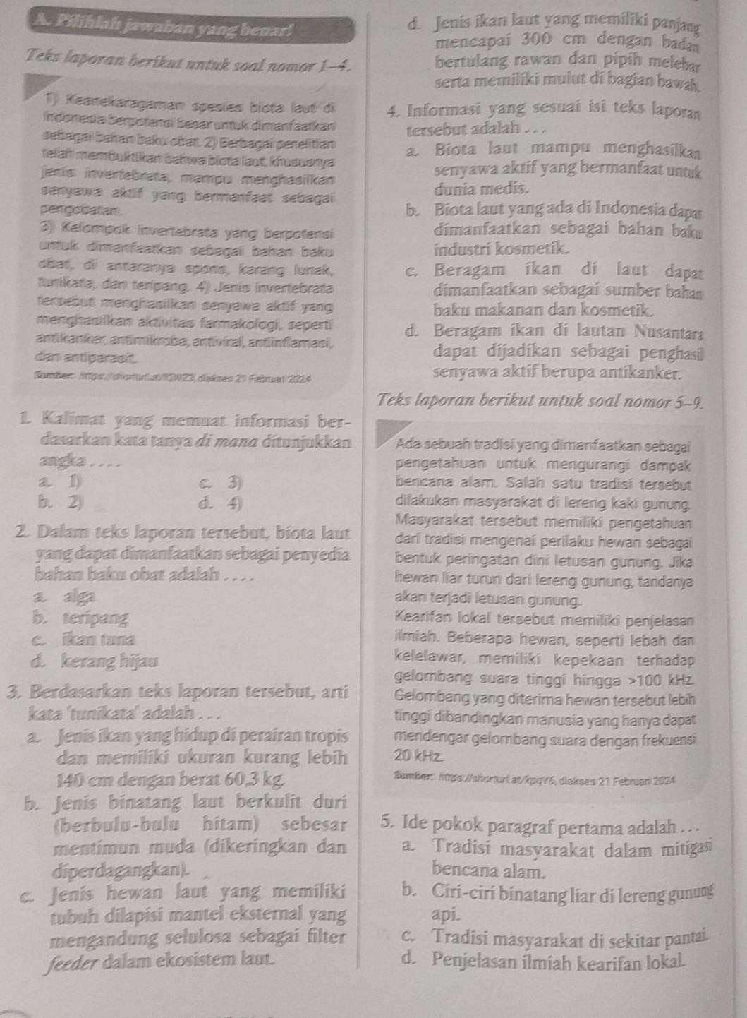 Pilihlah jawaban yang benar! d. Jenis ikan laut yang memiliki panjang
mencapaí 300 cm dengan bada
Teks laporan berikut untuk soal nomor 1-4. bertulang rawan dan pipih melebar
serta memiliki mulut di bagian bawah .
1) Keanekaragaman spesies biota laut di 4. Informasi yang sesuai isi teks lapora
Indonesia berpotensi besar untuk dimanfaatkan tersebut adalah . . .
sebagai bahan baku cbat. 2) Berbagai penelitian a. Biota laut mampu menghasilka
telah membukti kan bahwə bista laut, khusuerya
janis invertebrata, mampu menghasilkan
senyawa aktif yang bermanfaat untuk
senyawa aktif yang bermanfaat sebagai dunia medis.
pengobatan b. Biota laut yang ada di Indonesia dapar
3) Kelompok invertebrata yang berpotensi dimanfaatkan sebagai bahan bak
untuk dimanfaatkan sebagai bahan baku industri kosmetik.
obat, di antaranya spons, karang lunak, c. Beragam ikan di laut dapat
tunikata, dan terípang. 4) Jenis invertebrata dimanfaatkan sebagai sumber bahan
tersebut menghasilkan senyawa aktif yang baku makanan dan kosmetik.
menghasilkan aktivitas farmakologi, seperti d. Beragam ikan di lautan Nusantara
antikanker, antímikroba, antivíral, antinflamasi,
dan antiparasit.
dapat dijadikan sebagai penghasi
Sember: lttps//dhorturLat/fGN23, diskses 21 Februar 2024 senyawa aktif berupa antikanker.
Teks laporan berikut untuk soal nomor 5-9.
1. Kalimat yang memuat informasi ber-
dasarkan kata tanya di mɑna ditunjukkan Ada sebuah tradisi yang dimanfaatkan sebagai
angka . . . . pengetahuan untuk mengurangi dampak
a 1 c. 3) bencana alam. Salah satu tradisi tersebut
b. 2) d. 4 dilakukan masyarakat di lereng kaki gunung.
Masyarakat tersebut memiliki pengetahuan
2. Dalam teks laporan tersebut, biota laut dari tradisi mengenai perilaku hewan sebagai
yang dapat dimanfaatkan sebagai penyedia bentuk peringatan dini letusan gunung. Jika
bahan baku obat adalah . . . . hewan liar turun dari lereng gunung, tandanya
a alga akan terjadi letusan gunung.
b. teripang
Kearifan lokal tersebut memiliki penjelasan
c. ikan tuna
ilmiah. Beberapa hewan, seperti lebah dan
d. kerang hijau
kelelawar, memiliki kepekaan terhadap
gelombang suara tinggi hingga >100 kHz.
3. Berdasarkan teks laporan tersebut, arti Gelombang yang diterima hewan tersebut lebih
kata 'tunikata' adalah . . . tinggi dibandingkan manusia yang hanya dapat
a  Jenis ikan yang hidup di perairan tropis mendengar gelombang suara dengan frekuensi
dan memiliki ukuran kurang lebih 20 kHz.
140 cm dengan berat 60,3 kg.
Sumber htpsu//shorturlat/kpqY5, diakses 21 Februari 2024
b. Jenis binatang laut berkulit duri
(berbulu-bulu hitam) sebesar 5. Ide pokok paragraf pertama adalah .. .
mentimun muda (dikeringkan dan a Tradisi masyarakat dalam mitigas
diperdagangkan). bencana alam.
c. Jenis hewan laut yang memiliki b. Ciri-ciri binatang liar di lereng gunung
tubuh dilapisi mantel eksternal yang api.
mengandung selulosa sebagai filter c. Tradisi masyarakat di sekitar pantai.
feeder dalam ekosistem laut. d. Penjelasan ilmiah kearifan lokal.