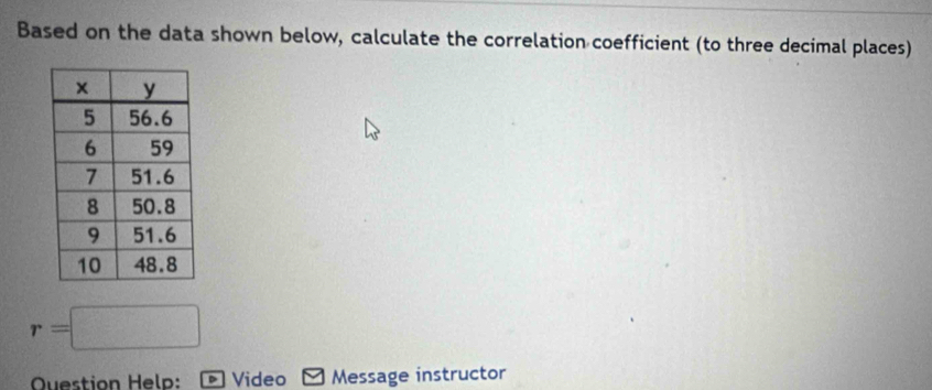 Based on the data shown below, calculate the correlation coefficient (to three decimal places)
r=□
Question Help: Video Message instructor