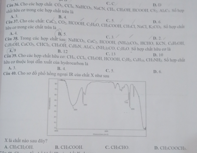 Cho các hợp chất: CO_2
C. C
chất hữu cơ trong các hợp chất trên là ,CCl_4,NaHCO_3,NaCN,CH_4,CH_3OH,HCOOH,CS_2.Al_4C_3 D. D . Số hợp
A. 3. B. 4 C. 5.
Câu 37. Cho các chất: CaC_2,CO_2 HCOOH. D. 6
hữu cơ trong các chất trên là C_2H_6O,CH_3COOH,CH_3Cl,NaCl,K_2CO_3 :. Số hợp chất
A. 4. B. 5.
Câu 38. Trong các hợp chất sau: NaHCO_3,CaC_2 C. 3. D. 2.
C_2H_5OH,CaCO_3,CHCl_3,CH_3OH,C_3H_9N,Al_4C_3,(NH_2)_2CO,C_2H_4O A. 9 HCOOH, (NH_4)_2CO_3,HCHO,KCN,C_6H_5OH,
B. 12
Số hợp chất hữu cơ là
Cầu 39. Cho các hợp chất hữu cơ: CH_4,CCl_4,CH_3OH HCOOH. C. 13 D. 10
C_2H_2,C_8H_18,CH_3NH_2
hữu cơ thuộc loại dẫn xuất của hydrocarbon là :. Số hợp chất
A. 3. B. 4. C. 5.
Câu 40. Cho sơ đồ phổ hồng ngoại IR của chất X như sau D. 6.
X là chất nào sau đây?
A. CH_3CH_2OH. B. CH_3COOH. C. CH_3CH 0. D. CH_3COOCH_3