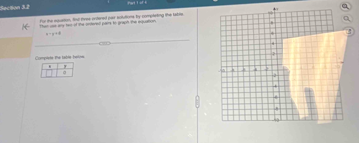 For the equation, find three ordered pair solutions by completing the table. 。
a
Then use any two of the ordered pairs to graph the equation.
8
x-y=6
6
4
2
Complete the table below.
,in
2
4
6
8
to