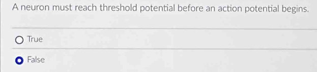 A neuron must reach threshold potential before an action potential begins.
True
False