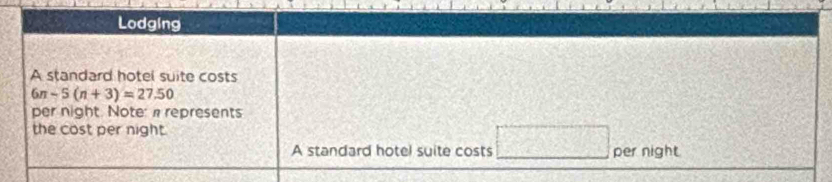 Lodging 
A standard hotel suite costs
6n-5(n+3)=27.50
per night. Note: a represents 
the cost per night. 
A standard hotel suite costs □ per night