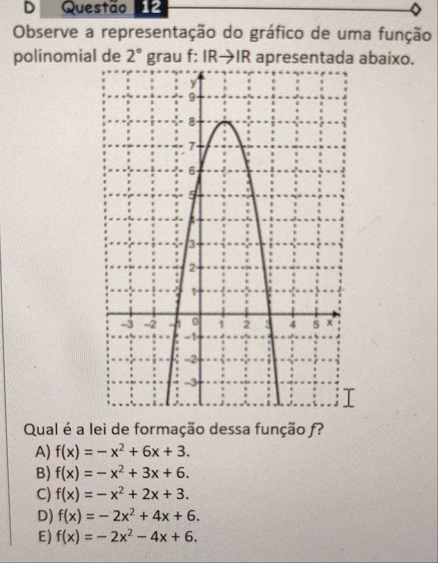 Observe a representação do gráfico de uma função
polinomial de 2° grau f:IRto IR apresentada abaixo.
Qual é a lei de formação dessa função f?
A) f(x)=-x^2+6x+3.
B) f(x)=-x^2+3x+6.
C) f(x)=-x^2+2x+3.
D) f(x)=-2x^2+4x+6.
E) f(x)=-2x^2-4x+6.