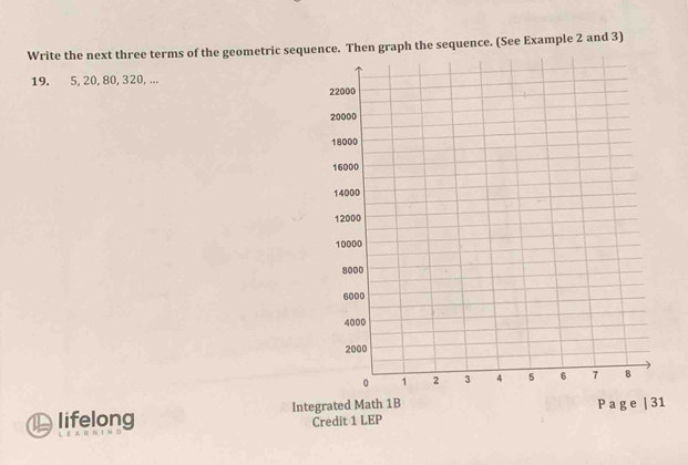 Write the next three terms of the geometric seque sequence. (See Example 2 and 3)
19. 5, 20, 80, 320, ... 
lifelong Integrated Math 1B P a g e | 31 
Credit 1 LEP