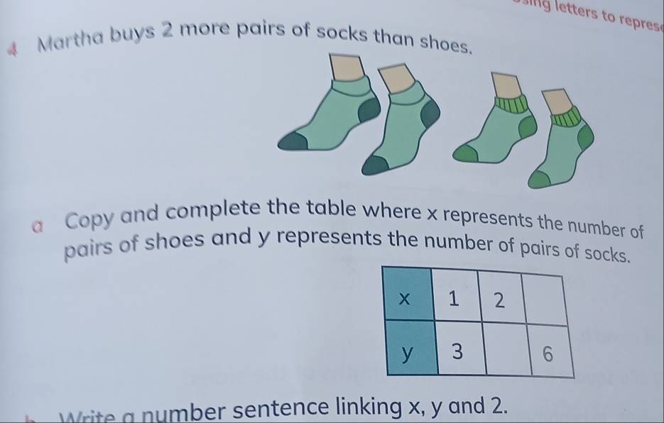 Martha buys 2 more pairs of socks than shoe 
a Copy and complete the table where x represents the number of 
pairs of shoes and y represents the number of pairs of socks. 
Write a number sentence linking x, y and 2.