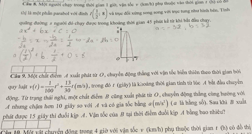 Cầu 8. Một người chạy trong thời gian 1 giờ, vận tốc v (km/h) phụ thuộc vào thời gian r (h) có đổ 
thị là một phần parabol với đình I( 1/2 ;8) và trục đổi xứng song song với trục tung như hình bên. Tính 
quảng đường s người đó chạy được trong khoảng thời gian 45 phút kể từ khi bắt đầu chạy. 
Câu 9. Một chất điểm A xuất phát từ O, chuyển động thẳng với vận tốc biển thiên theo thời gian bởi 
quy luật v(t)= 1/100 t^2+ 13/30 t(m/s) trong đó t (giây) là khoảng thời gian tính từ lúc A bắt đầu chuyển 
động. Từ trạng thái nghỉ, một chất điểm B cũng xuất phát từ O, chuyển động thẳng cùng hướng với 
A nhưng chậm hơn 10 giây so với A và có gia tốc bằng a(m/s^2) (α là hằng số). Sau khi B xuất 
phát được 15 giây thì đuổi kịp A. Vận tốc của B tại thời điểm đuổi kịp A bằng bao nhiêu? 
Câu 10 Một vật chuyển động trong 4 giờ với vận tốc v (km/h) phụ thuộc thời gian # (h) có đồ thị