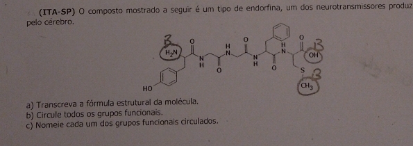 (ITA-SP) O composto mostrado a seguir é um tipo de endorfina, um dos neurotransmissores produz
pelo cérebro.
a) Transcreva a fórmula estrutural da molécula.
b) Circule todos os grupos funcionais.
c) Nomeie cada um dos grupos funcionais circulados.