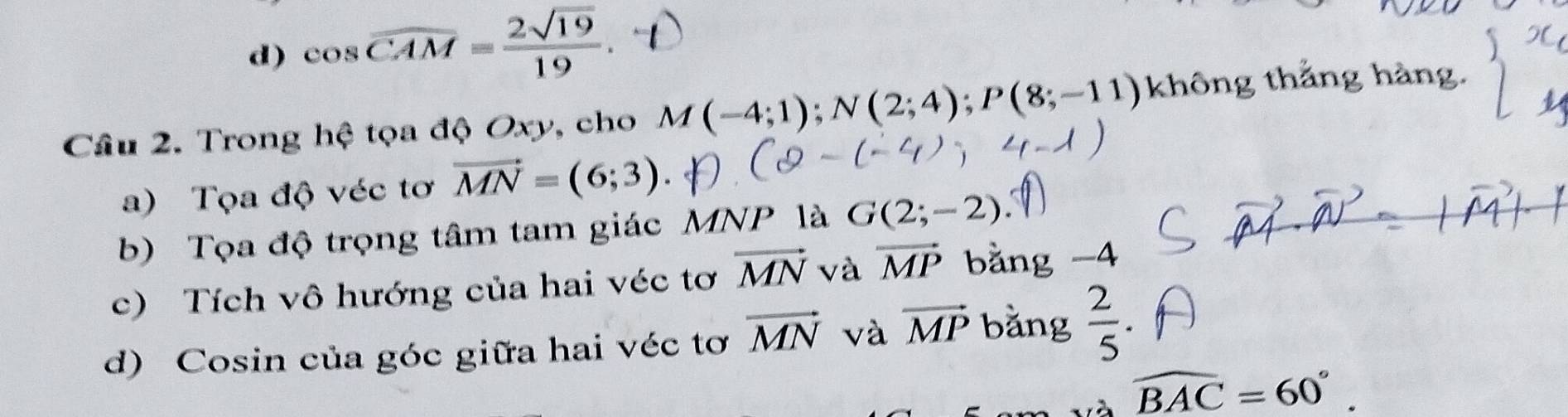 d) cos overline CAM= 2sqrt(19)/19 . 
Câu 2. Trong hệ tọa độ Oxy, cho M(-4;1); N(2;4); P(8;-11) không thẳng hàng.
a) Tọa độ véc tơ vector MN=(6;3)
b) Tọa độ trọng tâm tam giác MNP là G(2;-2)
c) Tích vô hướng của hai véc tơ vector MN và vector MP bằng -4
d) Cosin của góc giữa hai véc tơ vector MN và vector MP bǎng  2/5 .
widehat BAC=60°.