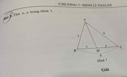 ChƯơng 7: đỊnh lÍ thalEs 
Hài : Tim x, y trong Hình 7. 
Hình 7
Giải