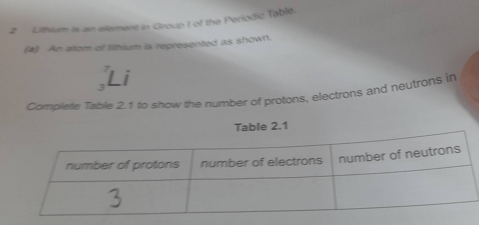 Lithium is an element in Group I of the Periodic Table. 
(2) An atom of lithium is represented as shown. 
Li 
3 
Complete Table 2.1 to show the number of protons, electrons and neutrons in 
Table 2.1