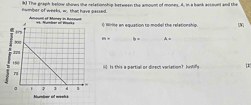 The graph below shows the relationship between the amount of money, A, in a bank account and the 
number of weeks, w, that have passed. 
Amount of Money in Account 
i) Write an equation to model the relationship. [3]
m= b= A=
É 
ii) Is this a partial or direct variation? Justify. [2] 
Number of weeks